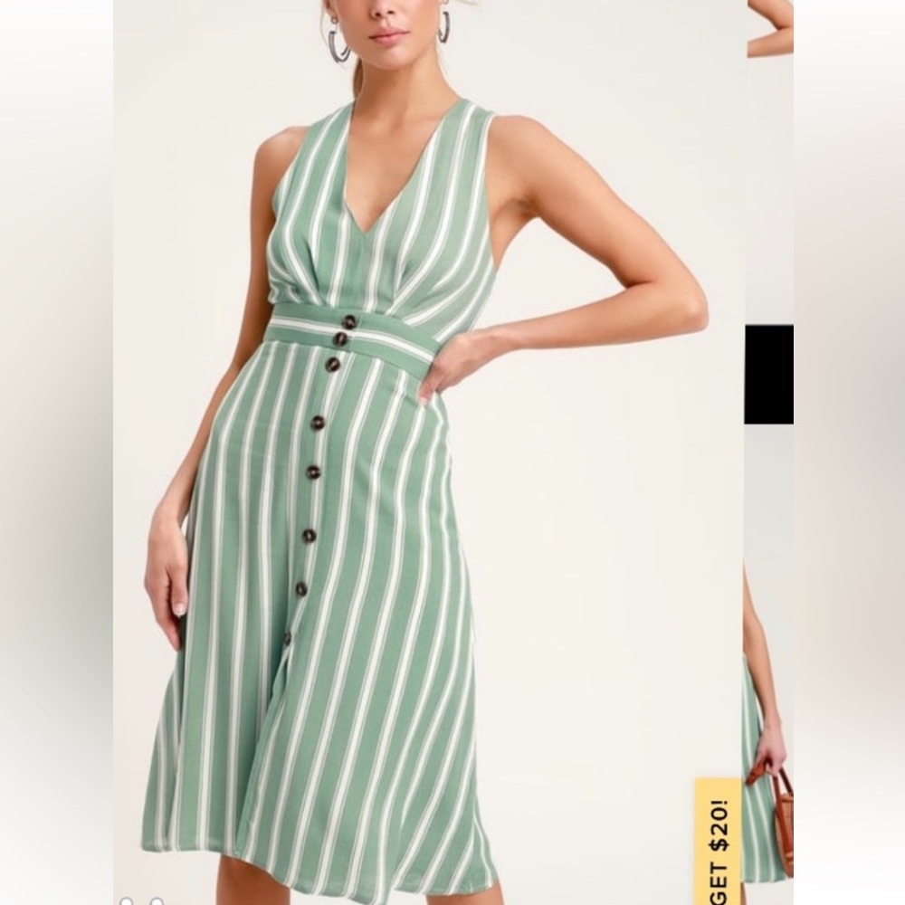 Lulu’s sage green/white striped midi dress